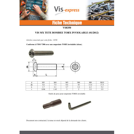 1 x Metalliruuvit Ruostumaton teräs A2 Väärinkäytöltä suojattu Kupupää TORX T45 tapilla M10X30