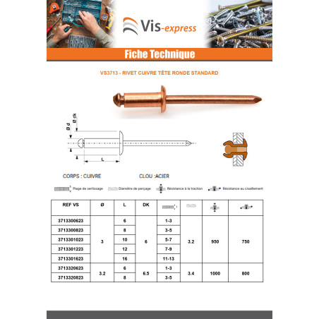 1 x Niitti Vakio pyöreä kanta kupariterästanko 3X12 Kiristimen paksuus 7 to 9