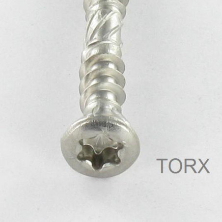 1 x Terassiruuvi TEKOR Kaksoiskierre uppokantainen TORX T25 5x50 "Halkeamista estävä kärki Ruostumaton teräs A2