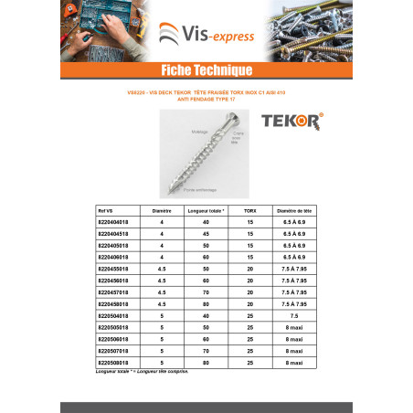 1 x Ruuvi DECK TEKOR Kupumainen uppokanta TORX T20 4x50 "Halkeamista estävä kärki Ruostumaton teräs Ruostumaton teräs