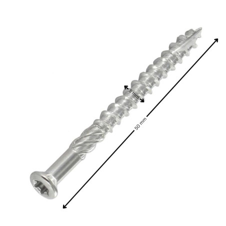 1 x Ruuvi DECK TEKOR Kupumainen uppokanta TORX T25 5x50 "Halkeamista estävä kärki Ruostumaton teräs Ruostumaton teräs
