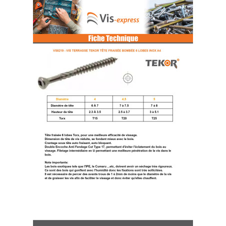 1 x Terassiruuvi TEKOR Kupumainen uppokanta TORX T20 4,5x50 "Halkeamista estävä kärki Ruostumaton teräs A4
