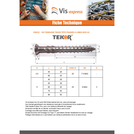 1 x Terassiruuvi TEKOR uppokantainen Uritettu TORX T25 "Halkeamista estävä kärki 5x70 Ruostumaton teräs A2
