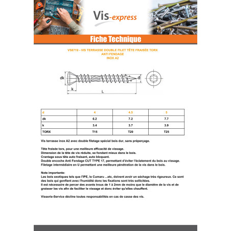 1 x Terassiruuvi TEKOR Kaksoiskierre uppokantainen TORX T25 5x60 Ruostumaton teräs A2