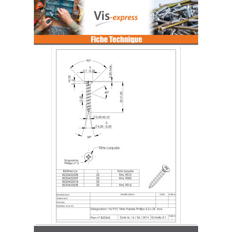 1 x PVC-ruuvi Ruostumaton teräs A2 Kupumainen uppokanta Phillips 4.2x35