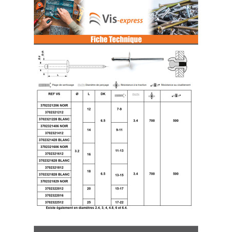 1 x "Sokkoniitti 3,2 x 10 Kiristimen paksuus 5 to 7 Vakio pyöreä kanta ALX
