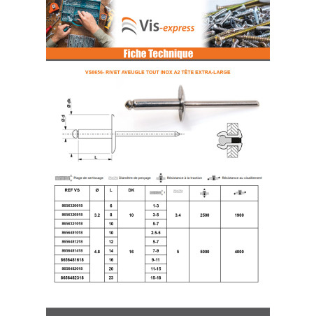 1 x Vetoniitti Täysin Ruostumatonta Terästä Erittäin suuri pää (TEL/tête extra large) 4,8 x 16 Kiristimen paksuus 9