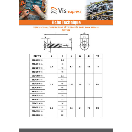 1 x Itseporautuva ruuvi uppokantainen 6,3x50 TORX T30 Ruostumaton teräs AISI 410