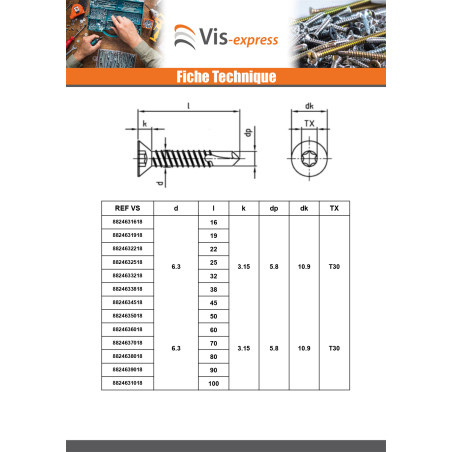 1 x Itseporautuva ruuvi uppokantainen 6,3x50 TORX T30 Ruostumaton teräs AISI 410