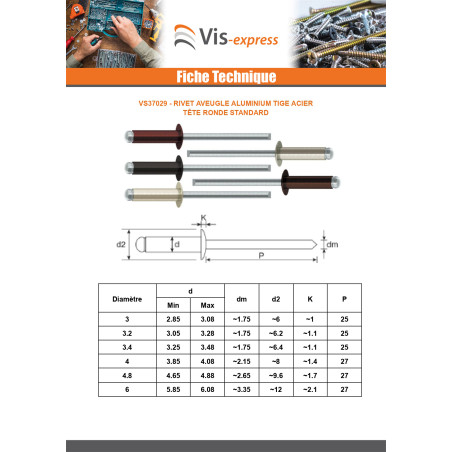 1 x "Sokkoniitti 3.2X6 Kiristimen paksuus 1 to 3 Vakio pyöreä kanta RAL 3009 oksidinpunainen