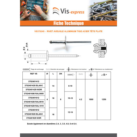 1 x "Sokkoniitti 4X14 Kiristimen paksuus 8 to 10 Vakio pyöreä kanta Valkoinen