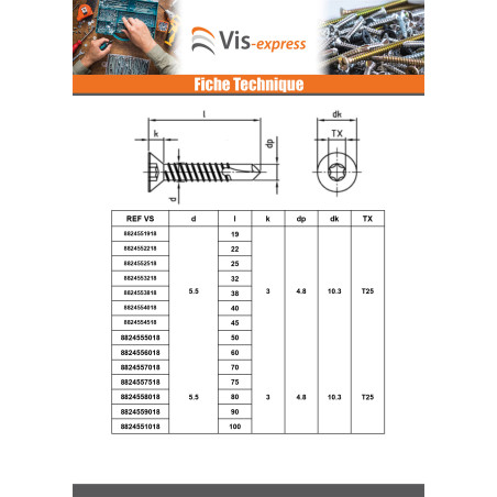 1 x Itseporautuva ruuvi uppokantainen 5,5x25 TORX T25 Ruostumaton teräs AISI 410
