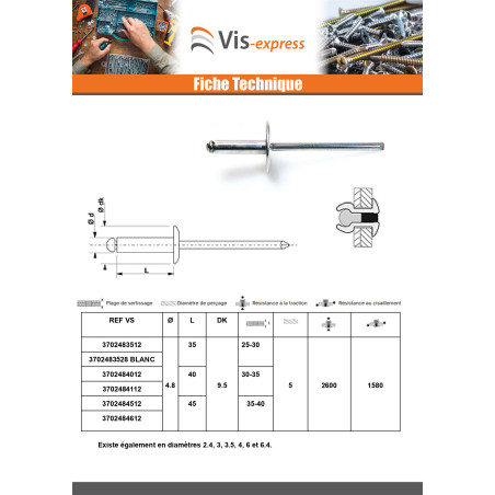1 x "Sokkoniitti 4,8 x 12 Kiristimen paksuus 5 to 7 Vakio pyöreä kanta RAL 9010 puhtaanvalkoinen