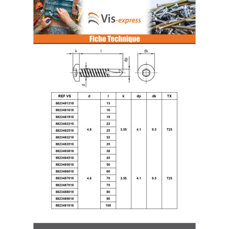 1 x Itseporautuva ruuvi Lieriöpää 3,5 x 13 TORX T10 Ruostumaton teräs AISI 410