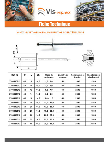 1 x Rivet aveugle Aluminium Tige acier 4.8X40...