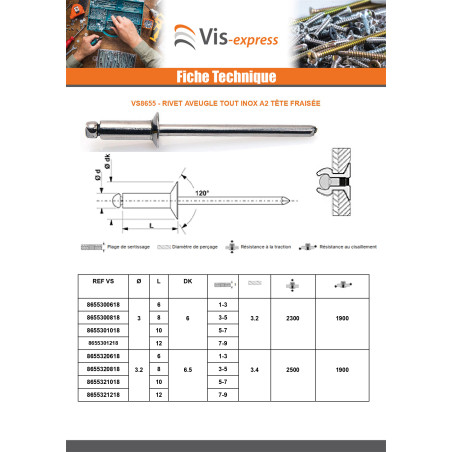 1 x Vetoniitti Täysin Ruostumatonta Terästä uppokantainen 4,8 x 16 Kiristimen paksuus 9 to 11