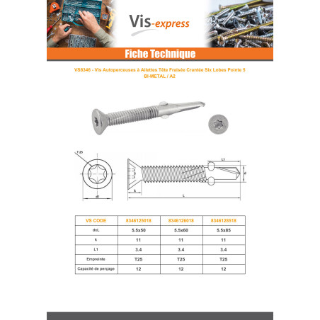 1 x Itseporautuva ruuvi Bimetalli uppokantainen TORX T25 Pora Pitkä 5,5x60