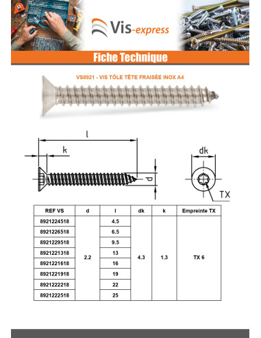1 x Levyruuvi uppokantainen 3,5 x 6,5 TORX T15...