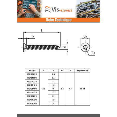 1 x Levyruuvi uppokantainen 3,5 x 6,5 TORX T15 Ruostumaton teräs A4