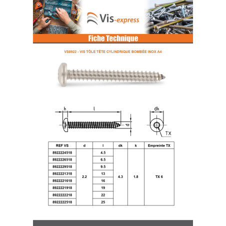 1 x Levyruuvi Kupumainen lieriöpää 4.2X38 TORX T20 Ruostumaton teräs A4