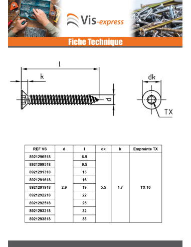 1 x Levyruuvi uppokantainen 2,9x38 TORX T10...