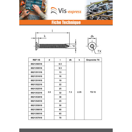 1 x Levyruuvi uppokantainen 2,9x38 TORX T10 Ruostumaton teräs A4