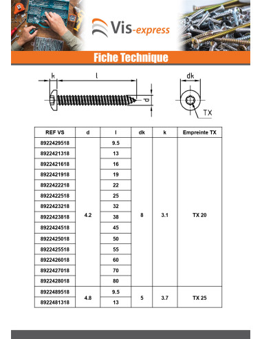 1 x Levyruuvi Kupumainen lieriöpää 4,8x50 TORX...