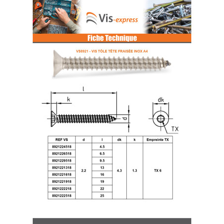 1 x Levyruuvi uppokantainen 4.2X32 TORX T20 Ruostumaton teräs A4