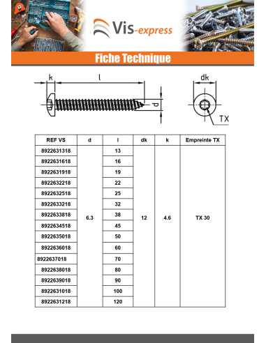 1 x Levyruuvi Kupumainen lieriöpää 4,8x50 TORX...
