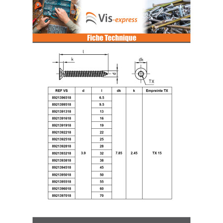 1 x Levyruuvi uppokantainen 4.2X32 TORX T20 Ruostumaton teräs A4