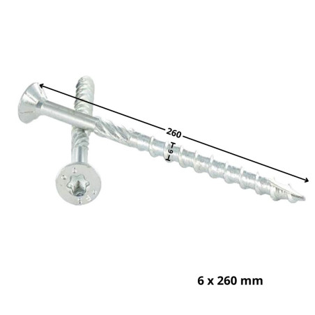 1 x Kehysruuvi TEKOR uppokantainen Uritettu TORX T30 6X260 Kierteytetty kohteessa 100 "Halkeamista estävä kärki
