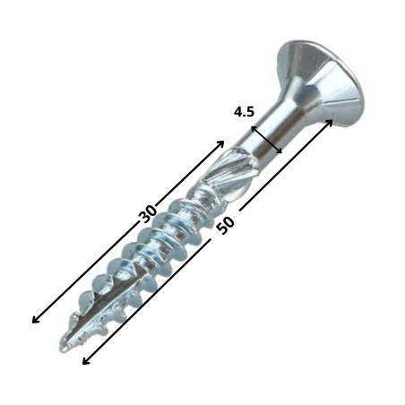 1 x Kehysruuvi TEKOR uppokantainen Uritettu TORX T25 4,5x50 Kierteytetty kohteessa 30 "Halkeamista estävä kärki