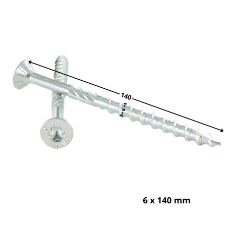 1 x Kehysruuvi TEKOR uppokantainen Uritettu TORX T30 6X140 Kierteytetty kohteessa 80 "Halkeamista estävä kärki Sinkitty