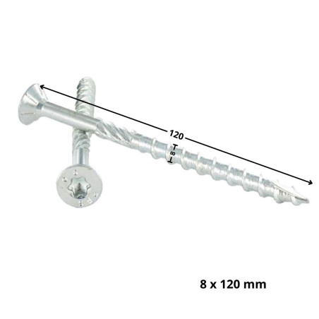 1 x Kehysruuvi TEKOR uppokantainen Uritettu TORX T40 8x120 Kierteytetty kohteessa 70 "Halkeamista estävä kärki Sinkitty