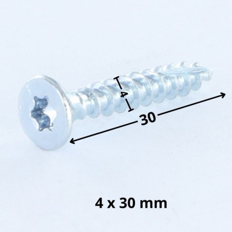 1 x "Puu- ja lastulevyruuvi uppokantainen Uritettu 4X30 TORX T20 Sinkitty teräs 96 suolasumutuntia ilman valkoruostetta