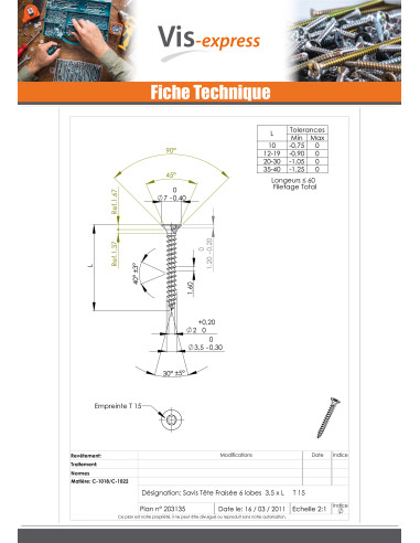 1 x Puuruuvi uppokantainen TORX T15 3,5 x 12...