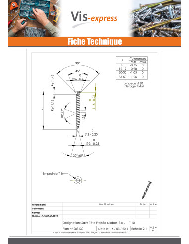 1 x Puuruuvi uppokantainen TORX T10 3X50...