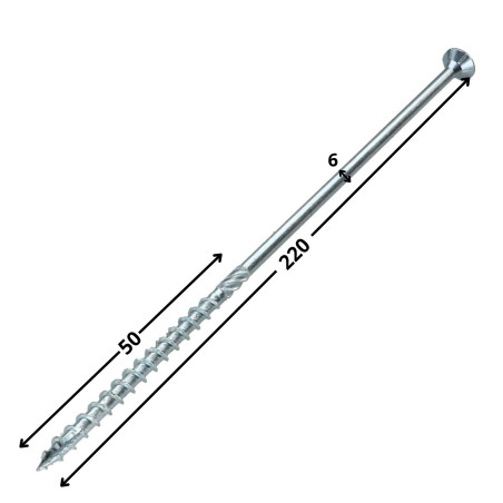 1 x Kehysruuvi TEKOR uppokantainen Uritettu TORX T30 6X220 Kierteytetty kohteessa 100 "Halkeamista estävä kärki