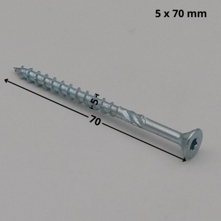 1 x Kehysruuvi TEKOR uppokantainen Uritettu TORX T25 5x70 Kierteytetty kohteessa 37 "Halkeamista estävä kärki Sinkitty