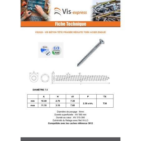 1 x Ruuvi Betoni uppokantainen Pienennetty 7,5x150 TORX T30 Sinkitty teräs