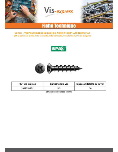 1 x PVC-ruuvi Spax 5,5 x 38 Teräsfosfaatti GIX-G