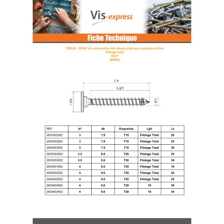 1 x Spax Puuruuvi Litteä pää 4X25 Kokonaan kierteytetty TORX T20 4CUT WIROX