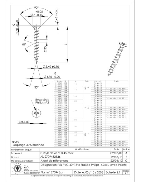 1 x PVC-ruuvi Kupumainen uppokanta Phillips 4.3x45 Itseporautuva Sinkitty teräs