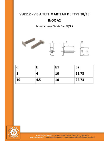 1 x Metalliruuvit Vasarapää 10 x 4,5 x 22,73 M8X40 Ruostumaton teräs A2 28/15 profiilille