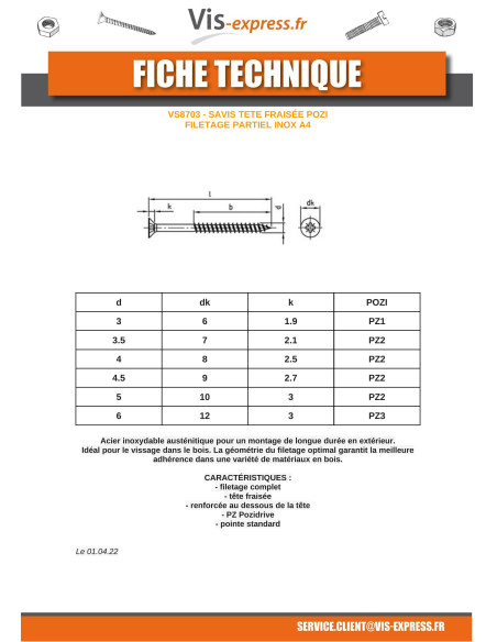 1 x Puuruuvi uppokantainen Pozi PZ10 5X80 Osittain kierteytetty Ruostumaton teräs A4