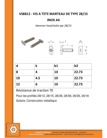 1 x Metalliruuvit Vasarapää 10x10x4,5 M10X20 Ruostumaton teräs A4 28/15 profiilille