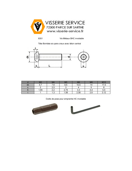 1 x Metalliruuvit Väärinkäytöltä suojattu BHC (Bombée Hexagonal creux / kupukantainen kuusiopää) tapilla M8X16