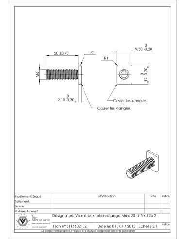 1 x Metalliruuvit Suorakulmainen pää M6X20 9,5...