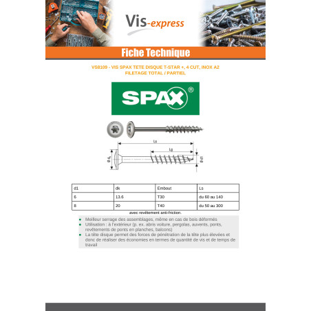 1 x Spax "Ruuvi rakennuspuutavaraan Ruostumaton teräs A2 8x100 Kokonaan kierteytetty TORX T40