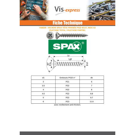 1 x Spax Puuruuvi uppokantainen Pozi PZ10 5x100 Kierteytetty kohteessa 61 Osittain kierteytetty 4CUT Ruostumaton teräs A2